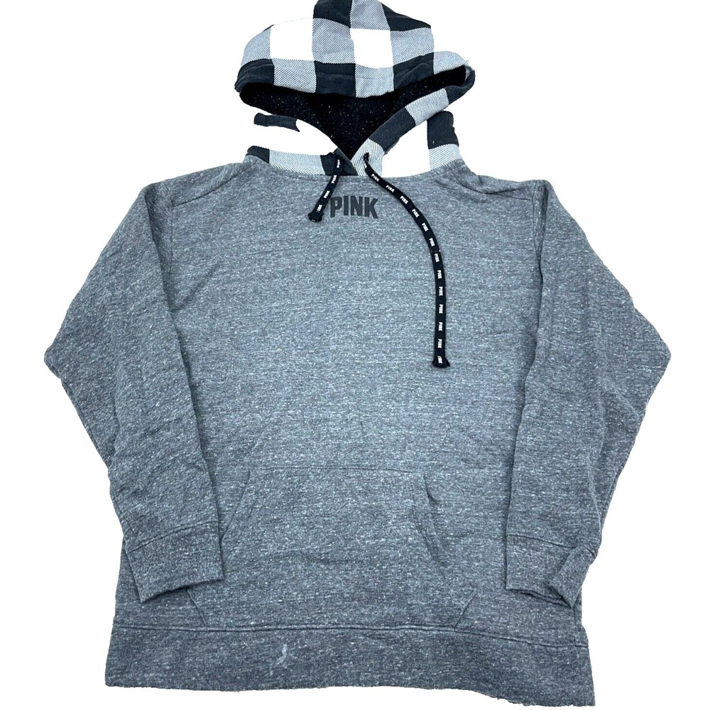 Victoria Secret Hoodie Women Small Gray Black Sweatshirt Sweater Ladies Plaid A*